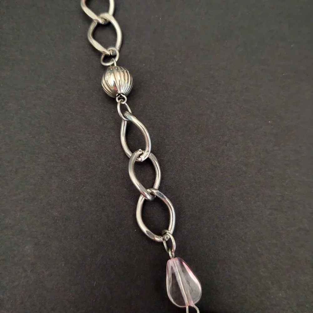 Long silver chain necklace with pink beads